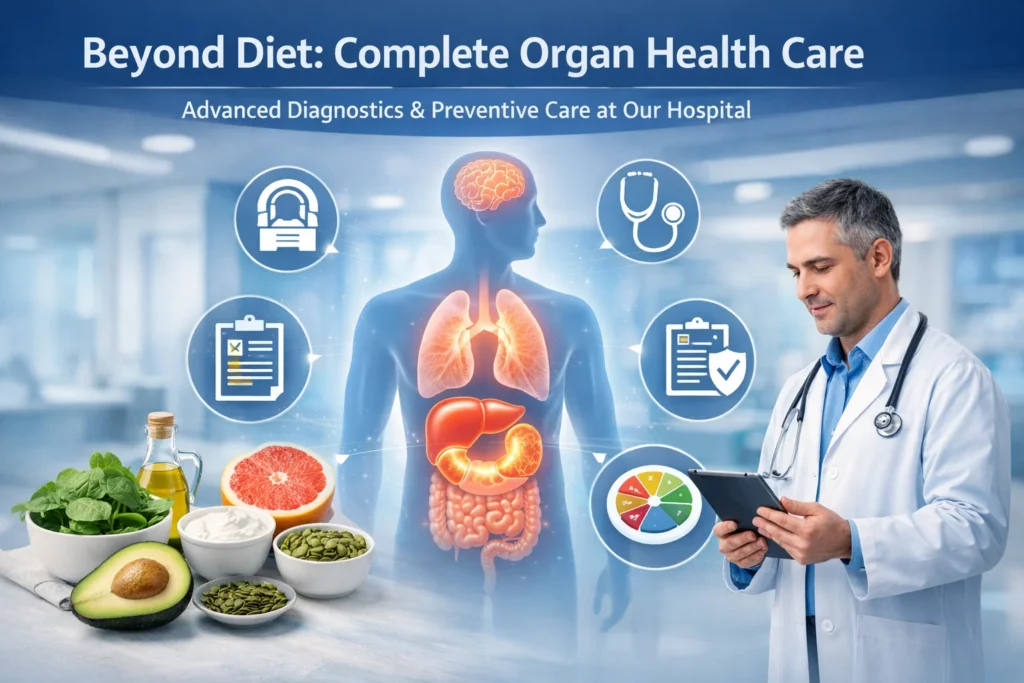 Beyond Diet Complete Organ Health Care banner showing glowing organs, healthy foods, and doctor at Radhe Krishna Hospitals.