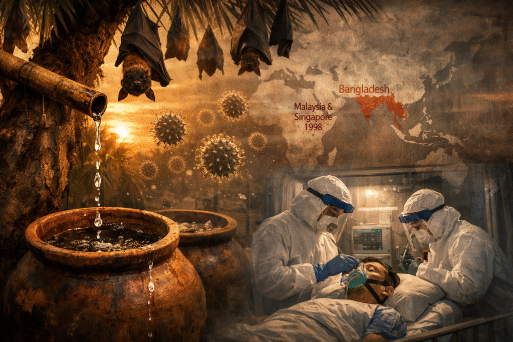 Alt Text: Illustration showing bats hanging near date palm sap collection, virus particles in the air, and doctors treating a patient in isolation, depicting Nipah virus outbreak in Bangladesh.