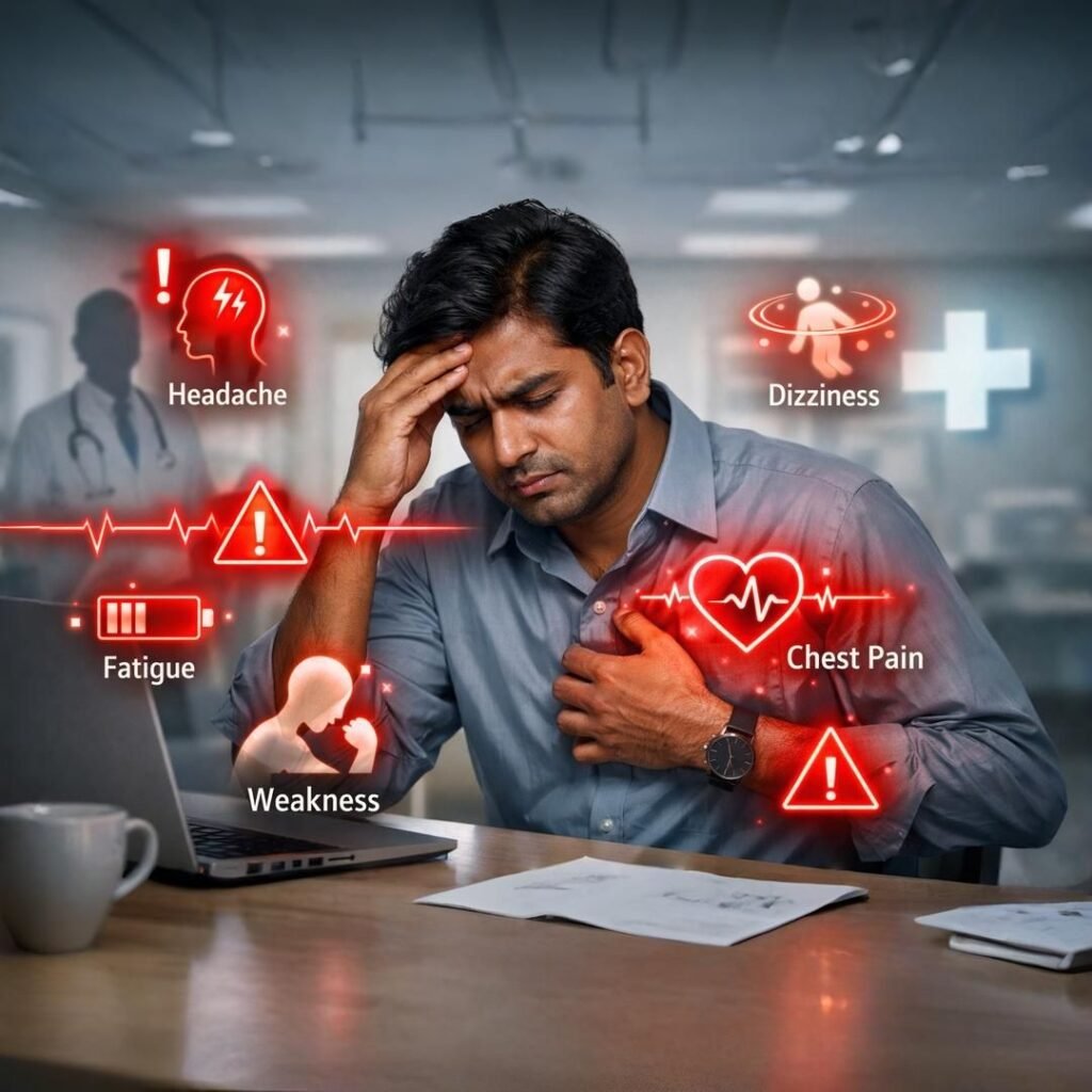 A man at his work desk experiencing These Common Symptoms such as headache, chest pain, dizziness, fatigue, and weakness, highlighted with medical warning icons indicating possible health issues.